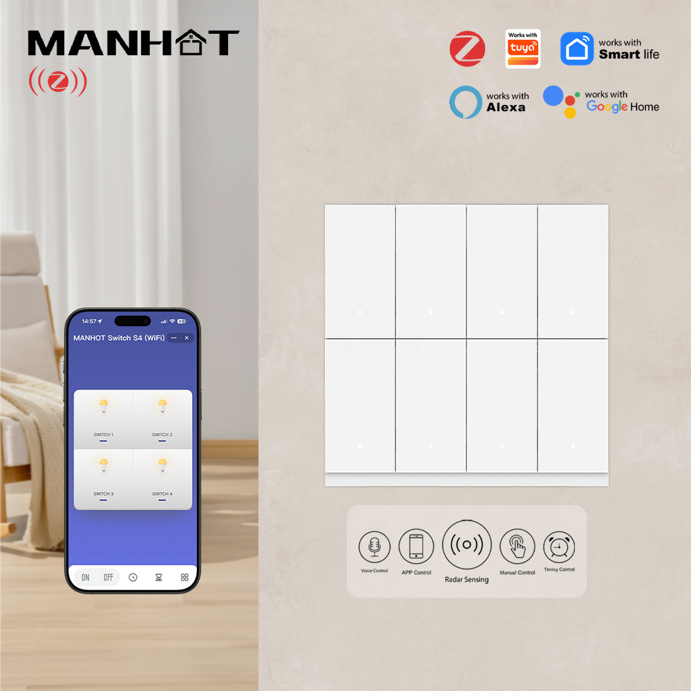 Smart Light Switch Wifi - Interrupteur intelligent MANHOT 6/8 Gang WiFi